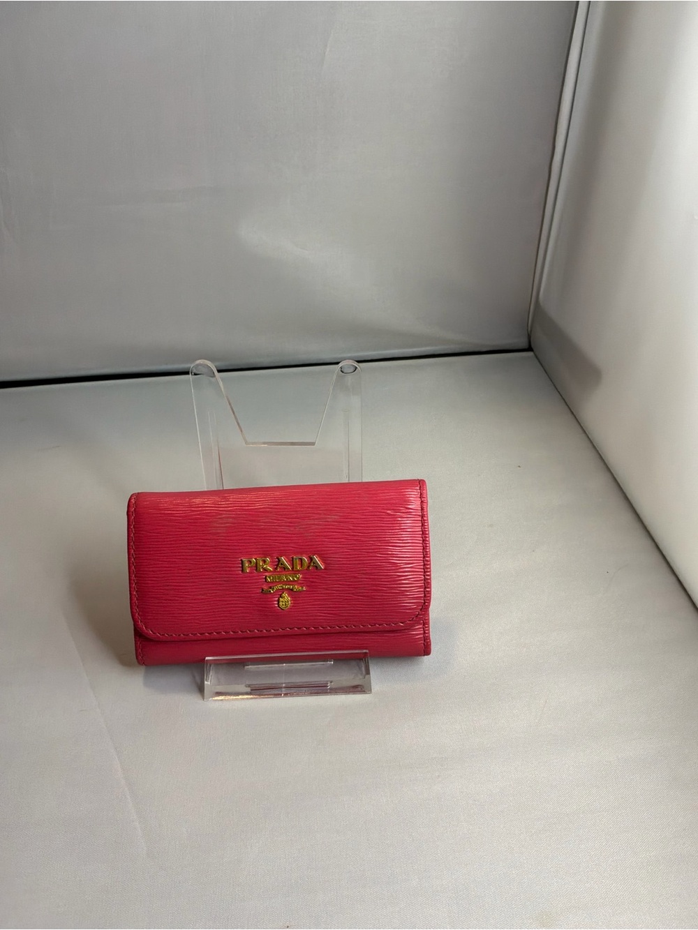 Prada Coral Pink Saffiano Leather Key/Card Wallet with Gold Logo